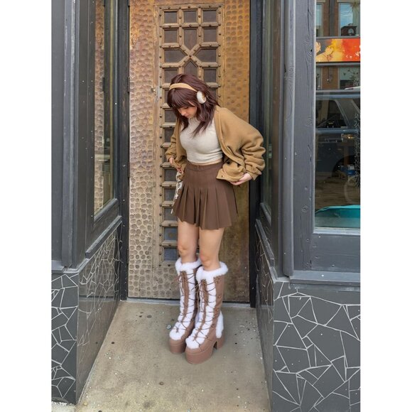 ⚡Womens Chestnut Synthetic Mid Calf Lace Up Chunky High Heel Warm Fur Snow Boots - Picture 5 of 6